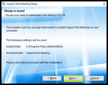Impact AWMS Software Install wizard ready to install