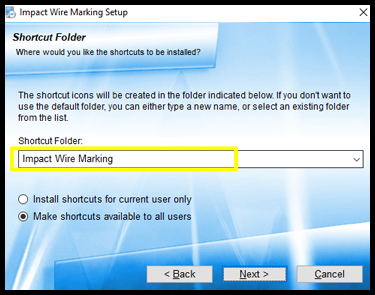 Impact AWMS Software Install wizard shortcut folder choice
