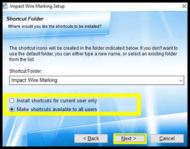 Impact AWMS Software Install wizard shortcut folder